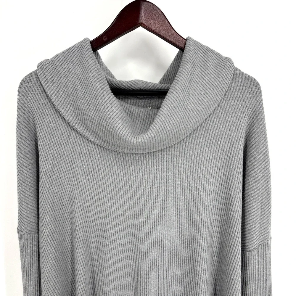 Lucky Brand Size Large Cowl Neck Ribbed Sweater Knit Top Gray Crossover Back NEW